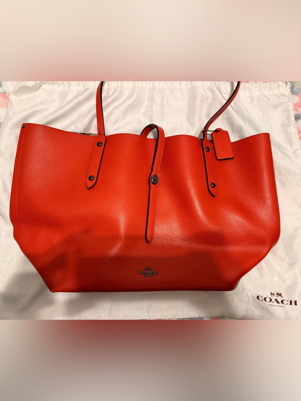 Coach Orange-Red Pebbled Leather Tote with Logo Tag